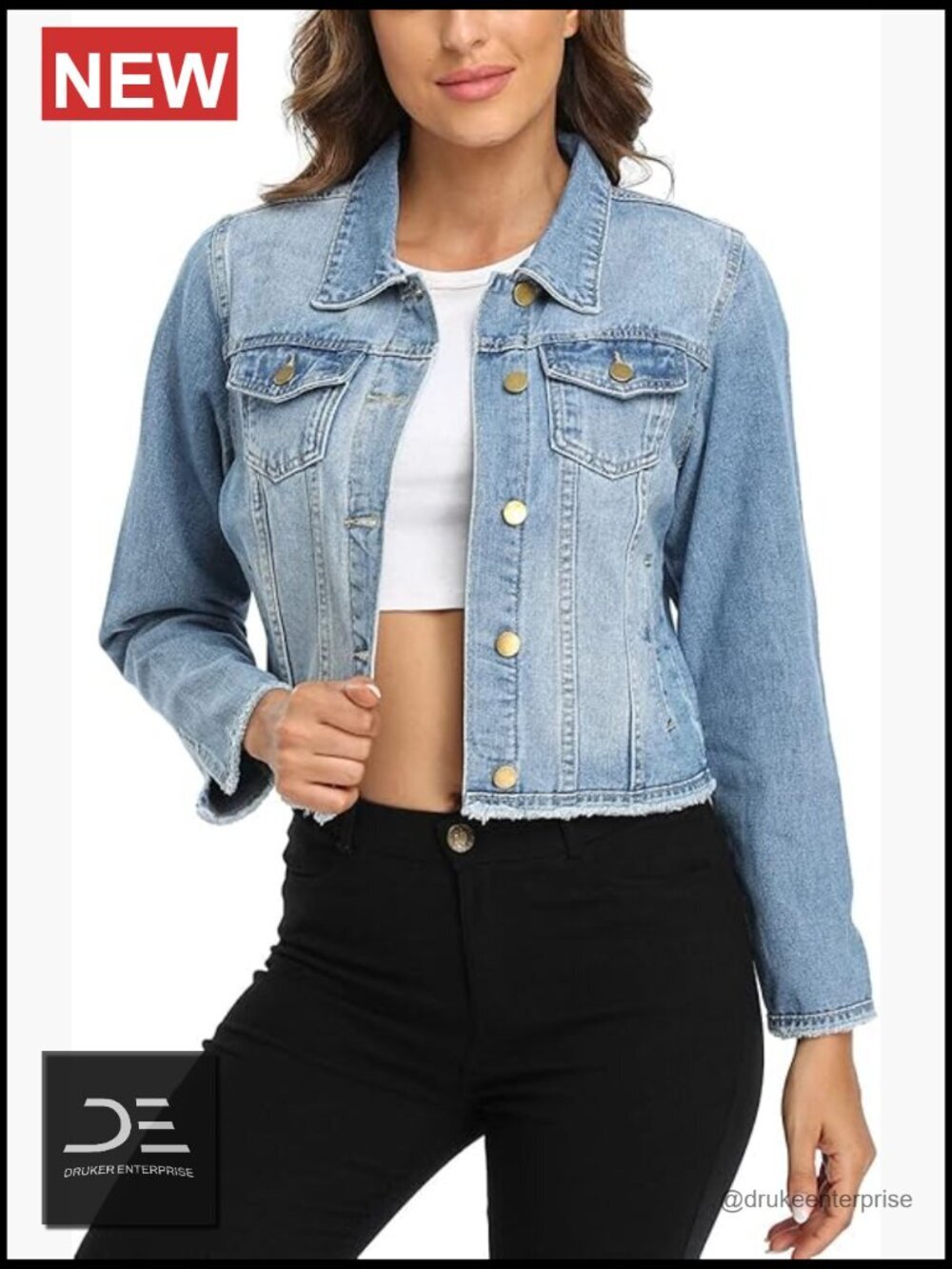Relaxed Fit Crop Denim Jacket Button Up with Frayed Hem